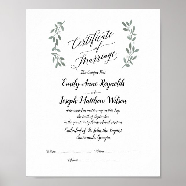 Modern Marriage Certificate Wedding Keepsake Poster (Front)