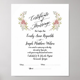 Modern Marriage Certificate Wedding Keepsake Poster