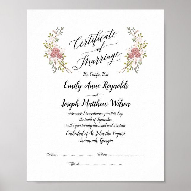 Modern Marriage Certificate Wedding Keepsake Poster (Front)