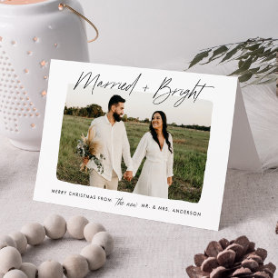 Modern Married and Bright Black Script Photo Holiday Card