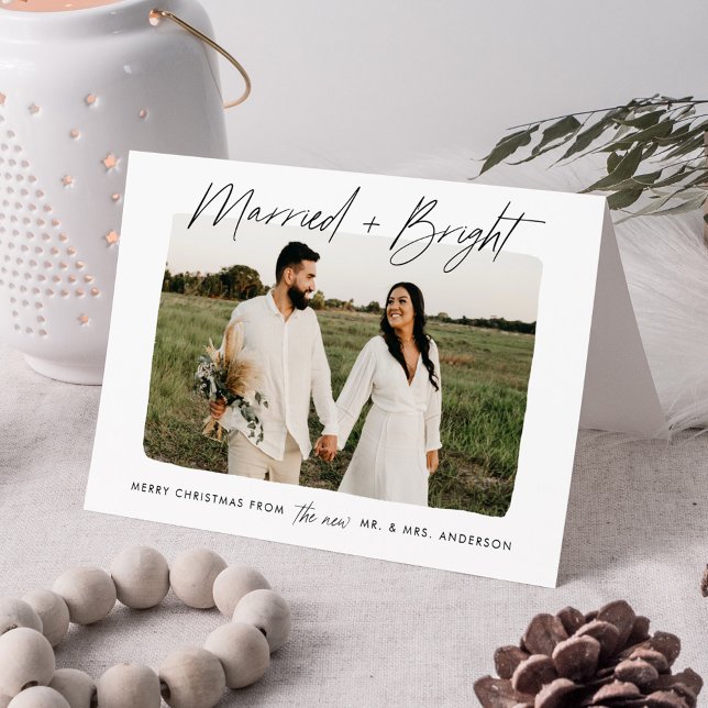 Modern Married and Bright Black Script Photo Holiday Card (Creator Uploaded)