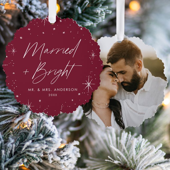 Modern Married and Bright Burgundy Holiday Photo Tree Decoration Card (Creator Uploaded)
