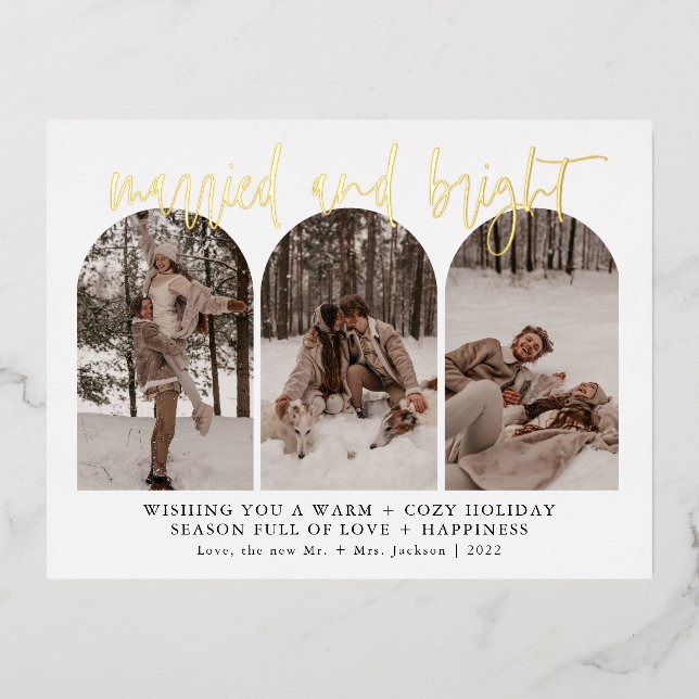 Modern Married And Bright Gold Foil Holiday Cards (Front)