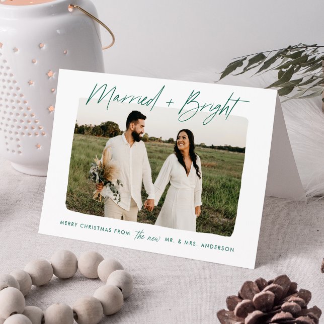 Modern Married and Bright Green Script Photo Holiday Card (Creator Uploaded)
