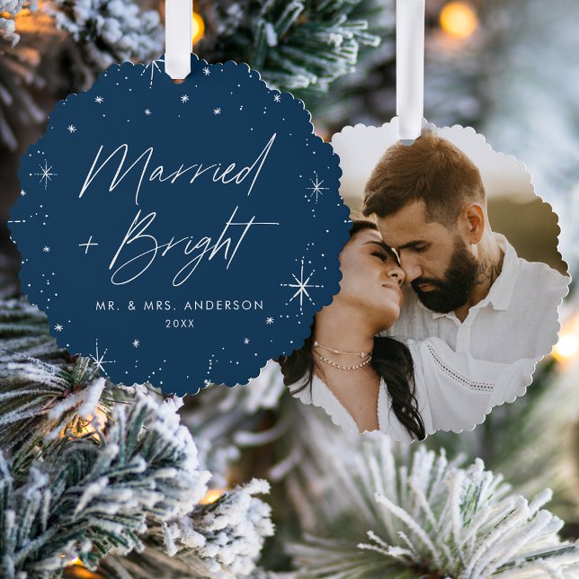 Modern Married and Bright Navy Holiday Photo Tree Decoration Card (Creator Uploaded)