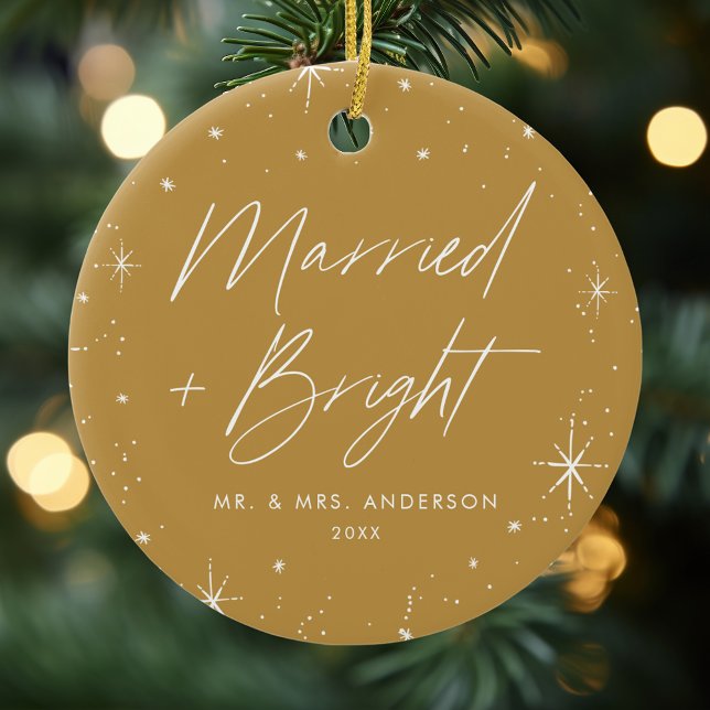 Modern Married and Bright Script Gold Photo Ceramic Tree Decoration (Creator Uploaded)