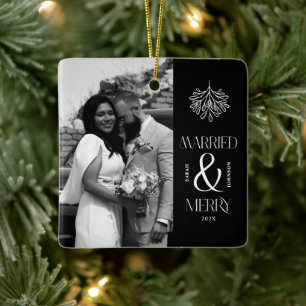 Modern Married and Merry Newlywed Bow Christmas Ceramic Ornament