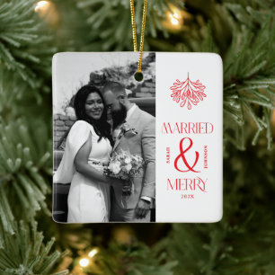 Modern Married and Merry Newlywed Bow Christmas Ceramic Ornament