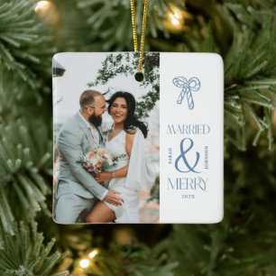 Modern Married and Merry Newlywed Bow Christmas Ceramic Ornament