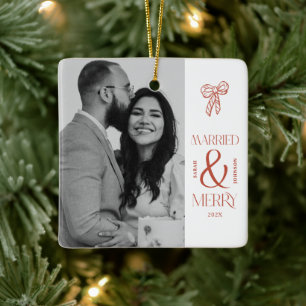 Modern Married and Merry Newlywed Bow Christmas Ceramic Ornament