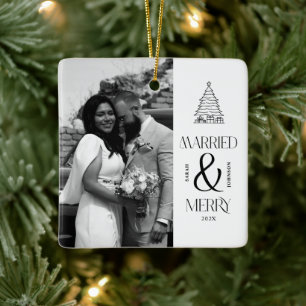 Modern Married and Merry Newlywed Bow Christmas Ceramic Ornament