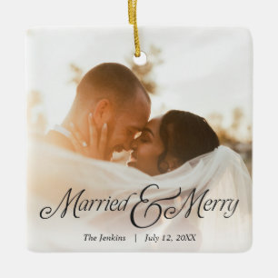Modern Married and Merry Newlywed Photo Ornament