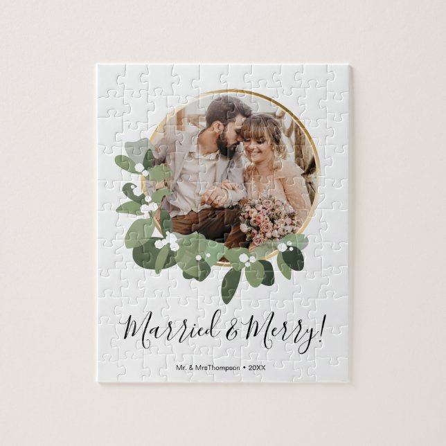 Modern Married and Merry Wedding Photo Christmas Jigsaw Puzzle (Vertical)