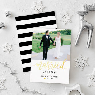 Modern Married and Merry Wedding Photo Gold