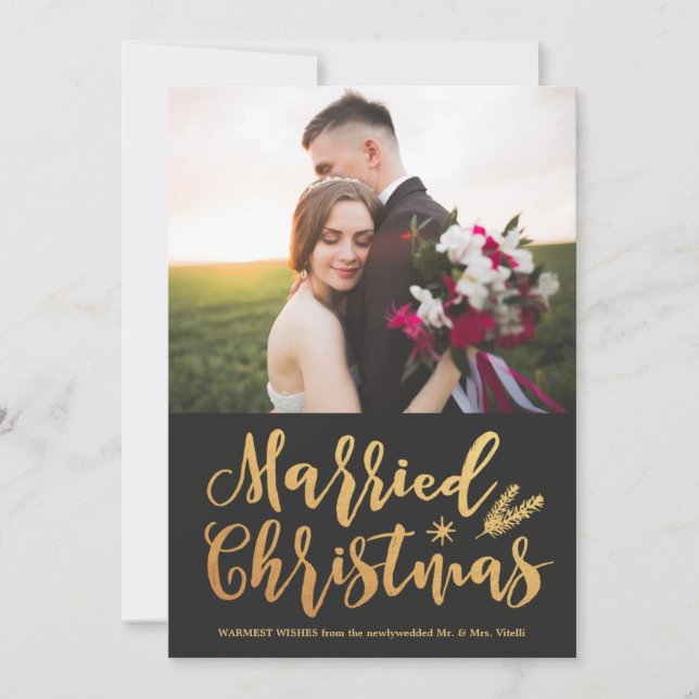 Modern Married Christmas | Pine Gold Photo Holiday Card (Front)