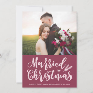 Modern Married Christmas Pine Mauve Photo Holiday Card