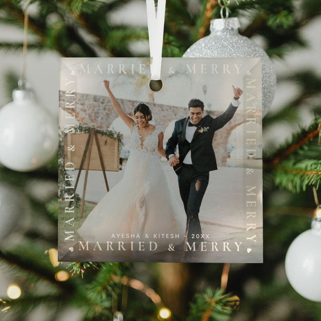 Modern Married & Merry Couple Photo Glass Ornament (Creator Uploaded)
