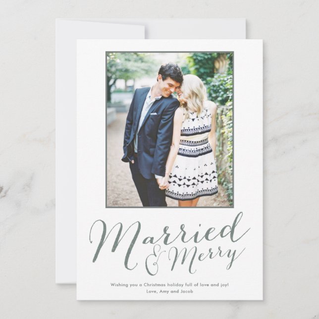 Modern Married Merry Newlywed Gingham Photo Holiday Card (Front)