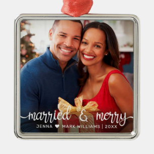 Modern Married Merry White Script Photo Metal Tree Decoration