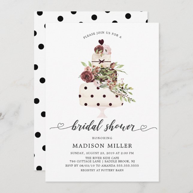 Modern Marsala Blush Floral Cake Bridal Shower Invitation (Front/Back)