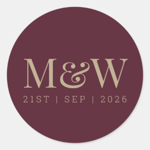 Modern Marsala Burgundy Gold Bride Groom Monogram Classic Round Sticker