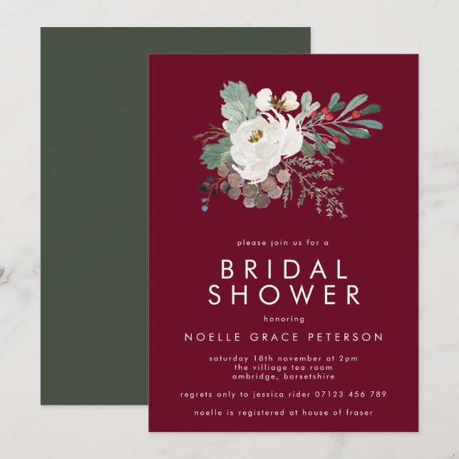 Modern Marsala Winter Floral Bouquet Bridal Shower Invitation (Front/Back)
