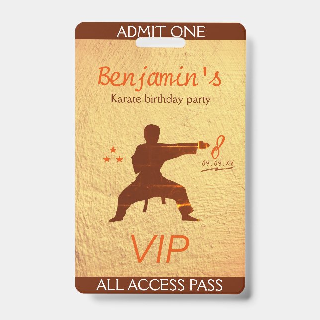 Modern Martial Arts Karate Birthday Party VIP Pass ID Badge (Front)