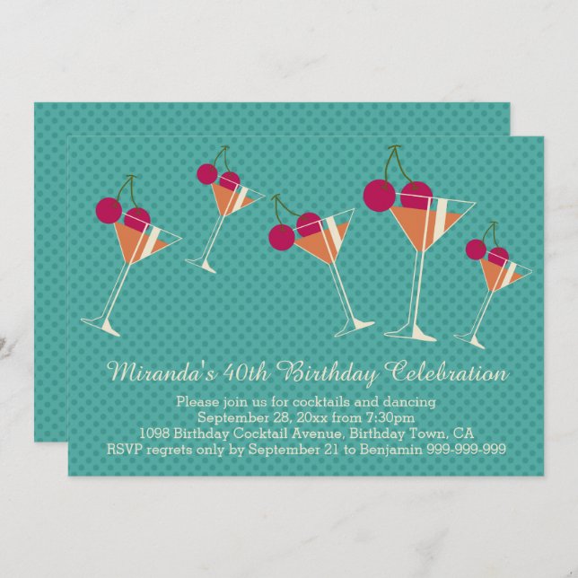 Modern Martini Cocktail 40th Birthday Party Invitation (Front/Back)
