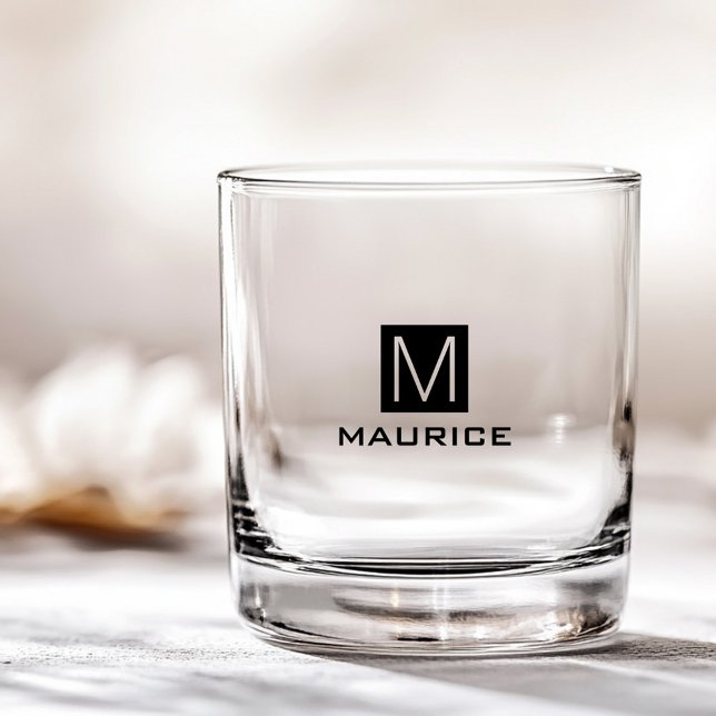 Modern masculine monogram black square whiskey glass (Creator Uploaded)