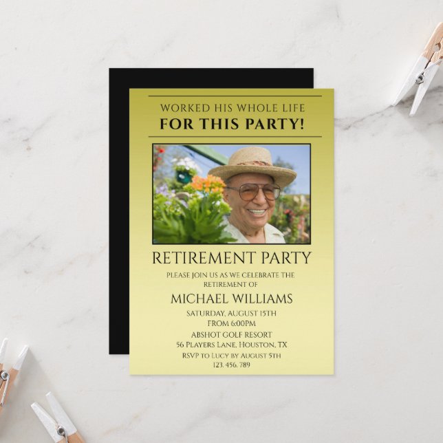 Modern Masculine Photo Retirement Invitation (Front/Back In Situ)
