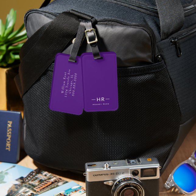 Modern Masculine Simple Purple Monogram Initials Luggage Tag (Front & Back)