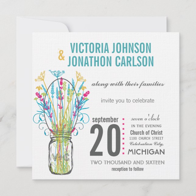 Modern Mason Jar Aqua Yellow Lime Pink Floral Invitation (Front)