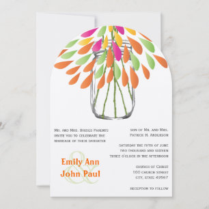 Modern Mason Jar Pink and Orange Floral Wedding Invitation