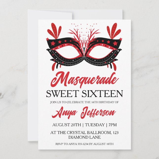 modern masquerade sweet 16 invitations (Front)