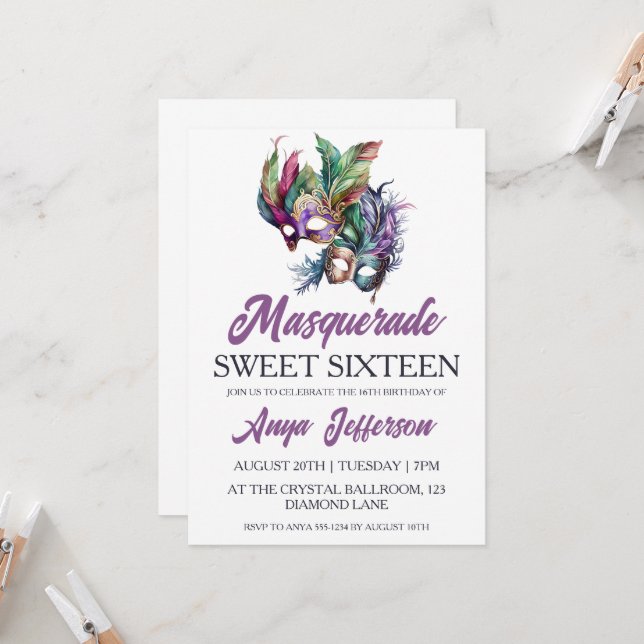 modern masquerade sweet 16 invitations (Front/Back In Situ)