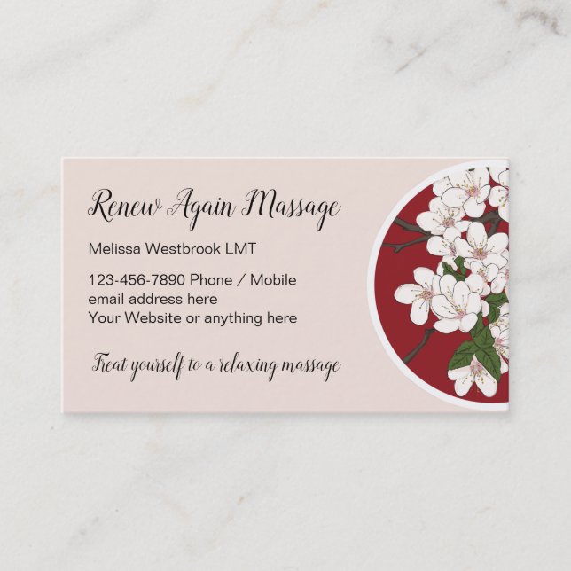 Modern Massage Cherry Blossoms Theme Business Card (Front)