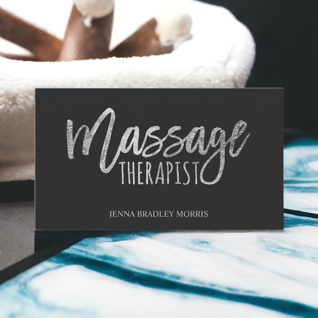 Modern massage therapist script silver foil business card (Modern massage therapist script silver foil business card)