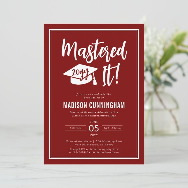 Modern Mastered It Master's Degree Graduation  Invitation (Standing Front)