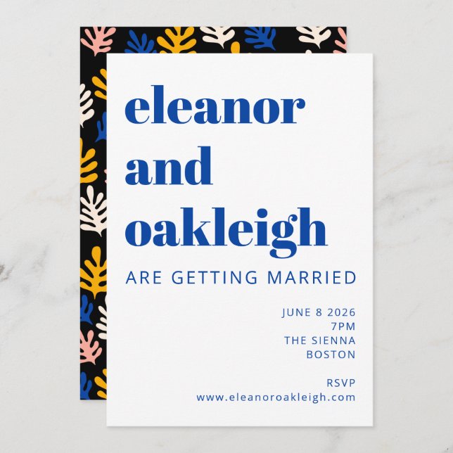 Modern Matisse Botanical Blue Black Wedding Invitation (Front/Back)