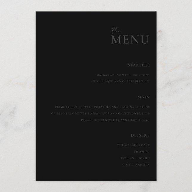 Modern Matte Black Minimal Wedding Menu (Front)