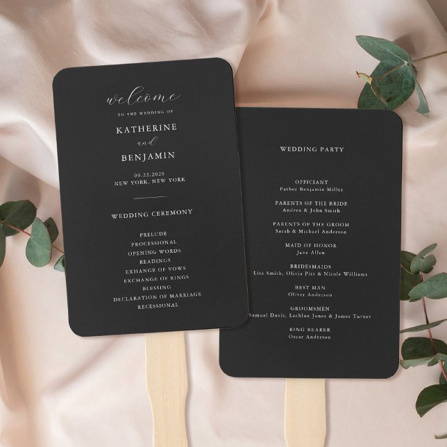 Modern Matte Black Minimalist Wedding Program Hand Fan (Creator Uploaded)