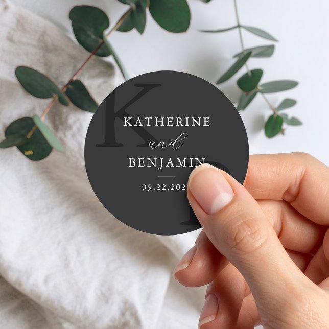 Modern Matte Black Monogram Minimalist Wedding Classic Round Sticker (Creator Uploaded)