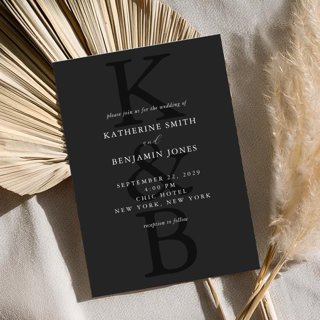 Modern Matte Black Monogram Minimalist Wedding Invitation (Creator Uploaded)