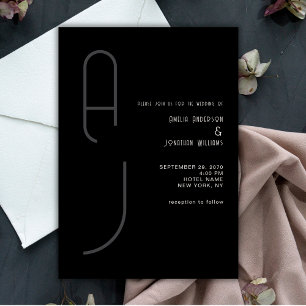 Modern Matte Monogram Minimal Wedding Black White  Invitation