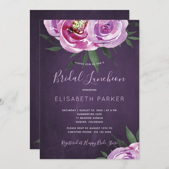 Modern mauve peonies purple plum bridal luncheon invitation (Front/Back)