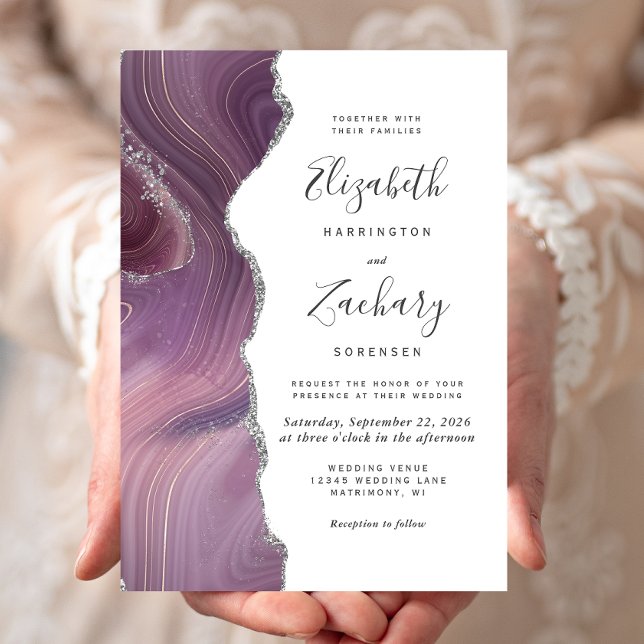 Modern Mauve Silver Agate Wedding Invitation (Creator Uploaded)