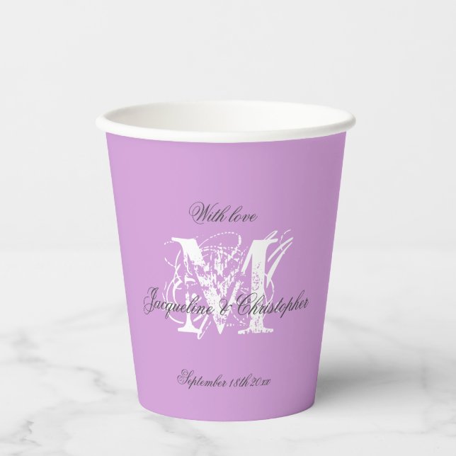 Modern Mauve Wedding Monogram + Names Chic Cute Paper Cups (Front)