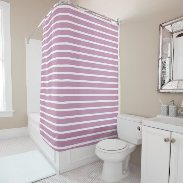 Modern Mauve & White Striped Shower Curtain  (In Situ)