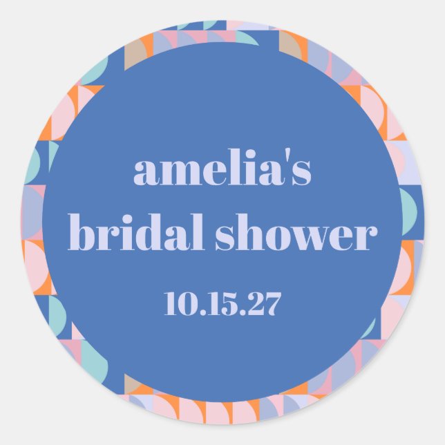 Modern Maximalist Blue Purple Custom Bridal Shower Classic Round Sticker (Front)