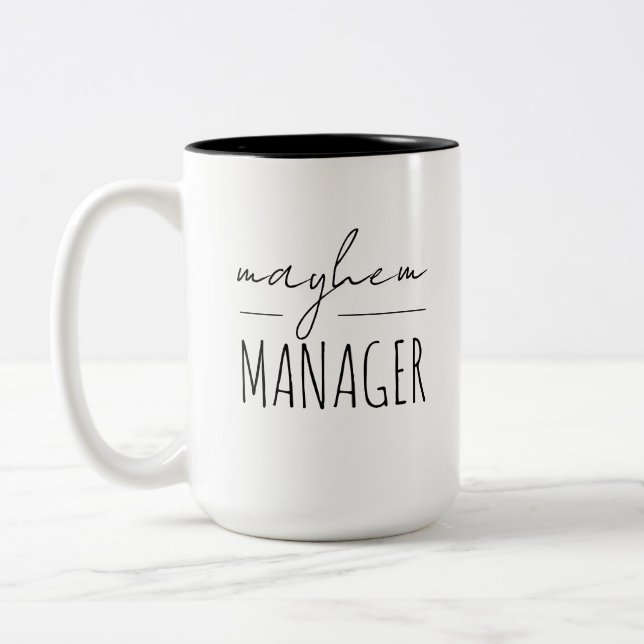 Modern "Mayhem Manager" Mother's Day Gift Two-Tone Coffee Mug (Left)